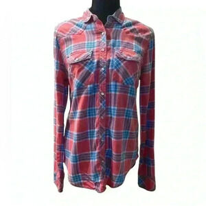Hollister Long Sleeve Button Shirt Women's S Multicolor Plaid Print Pearl Snap